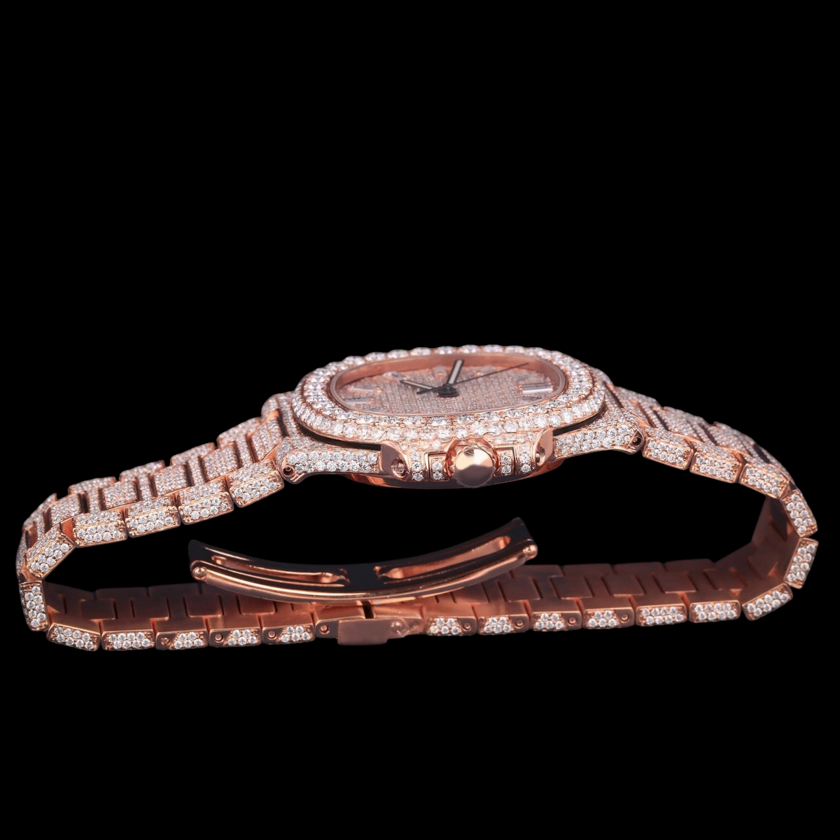 Luxury Rose Gold Baguette Moissanite Automatic Date Watch VVS1 D Color