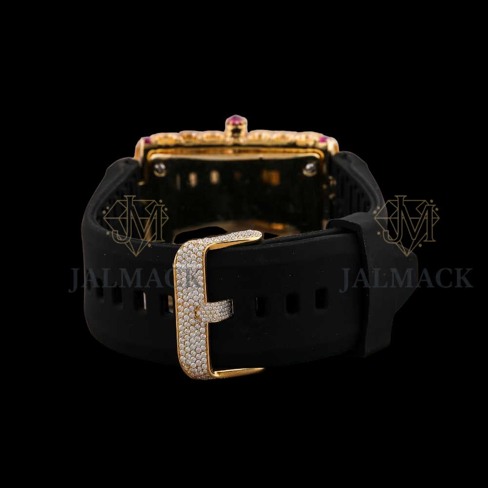 Gold Square Moissanite Watch with Ruby Accent Bezel