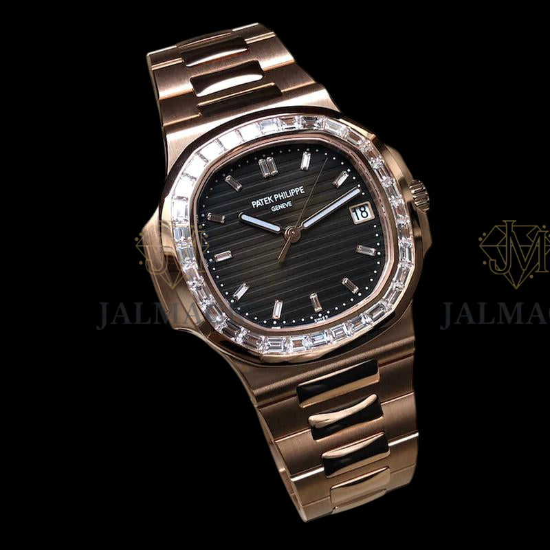 Rose Gold Black Dial Baguette-Cut Moissanite Automatic Watch