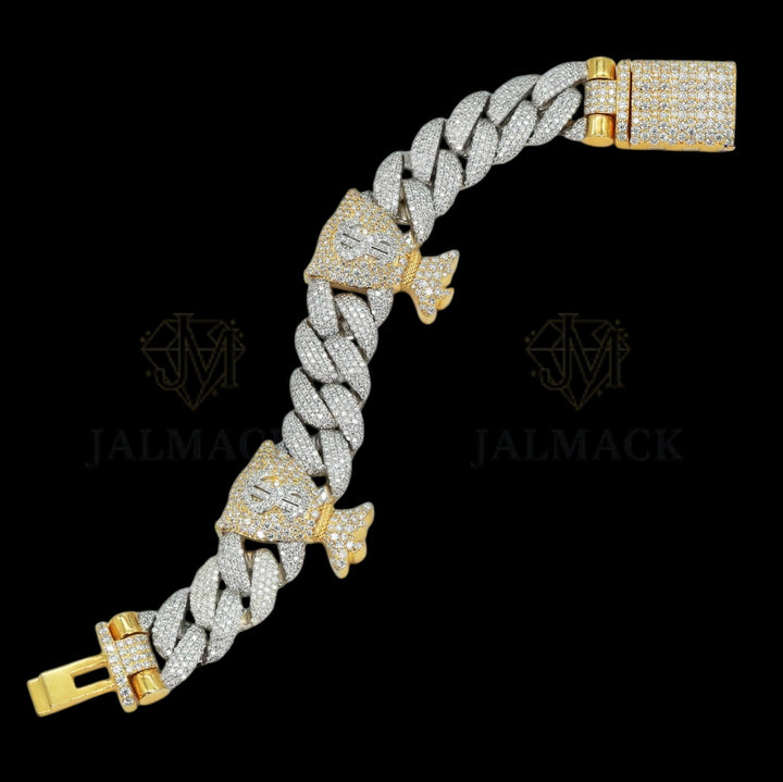 Two-Tone Money Bag Moissanite Cuban Bracelet Fully Iced Out