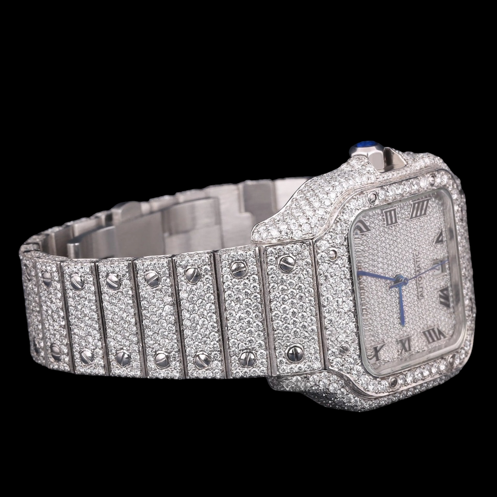 Luxury Silver Roman Moissanite Automatic Date Watch VVS1 D Color Fully Iced Out