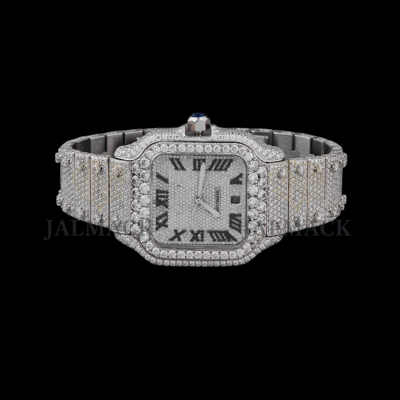 Silver Dial Black Roman Round-Cut Moissanite Watch