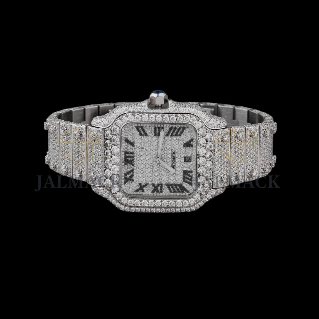 Silver Dial Black Roman Round-Cut Moissanite Watch