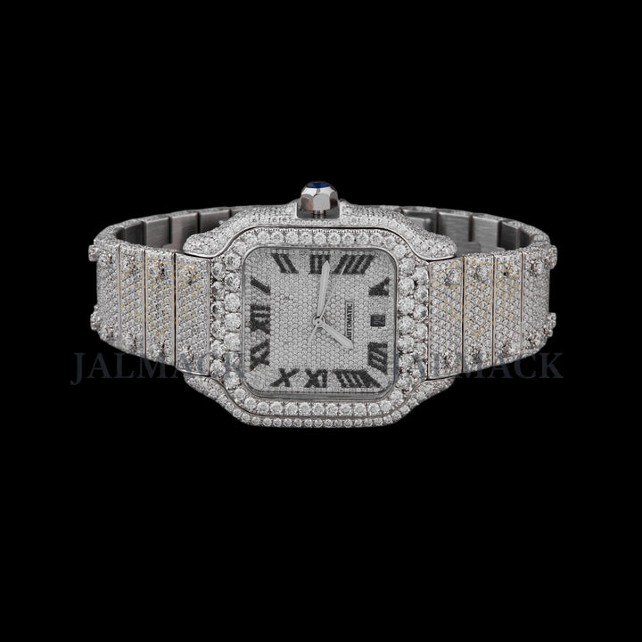 Silver Dial Black Roman Round-Cut Moissanite Watch