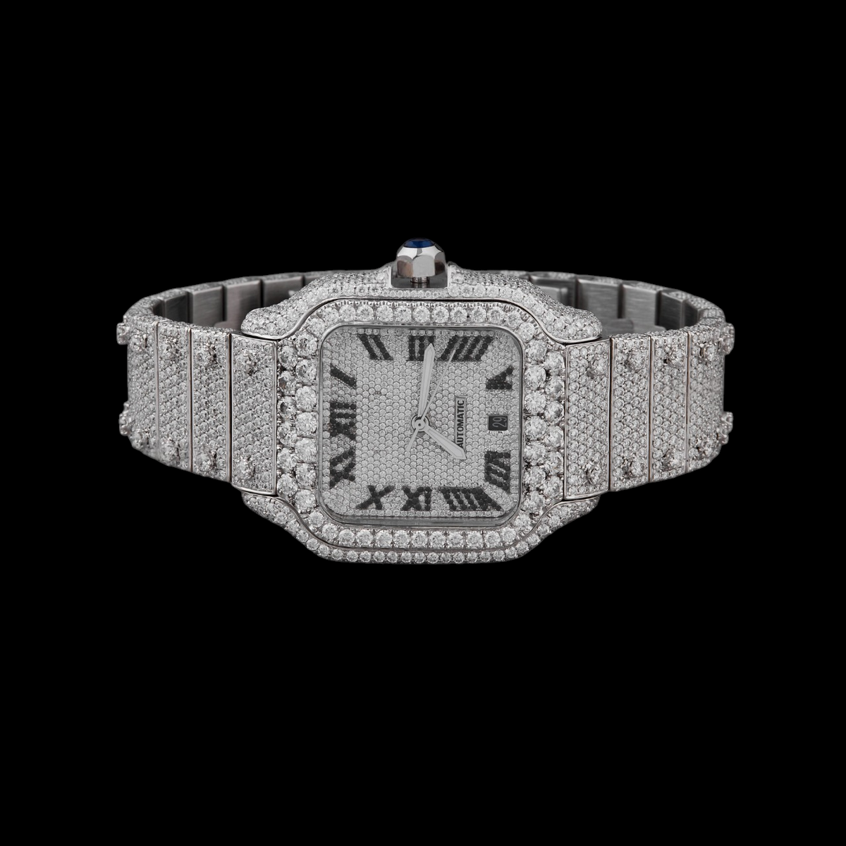 Silver Dial Black Roman Round-Cut Moissanite Watch