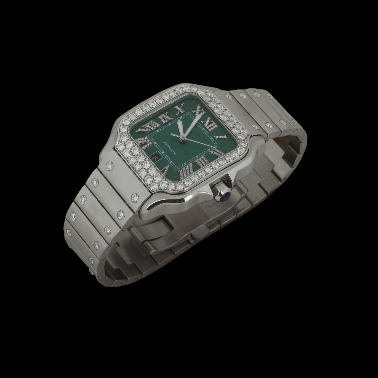 Green Dial Roman Letter Round-Cut Moissanite Watch