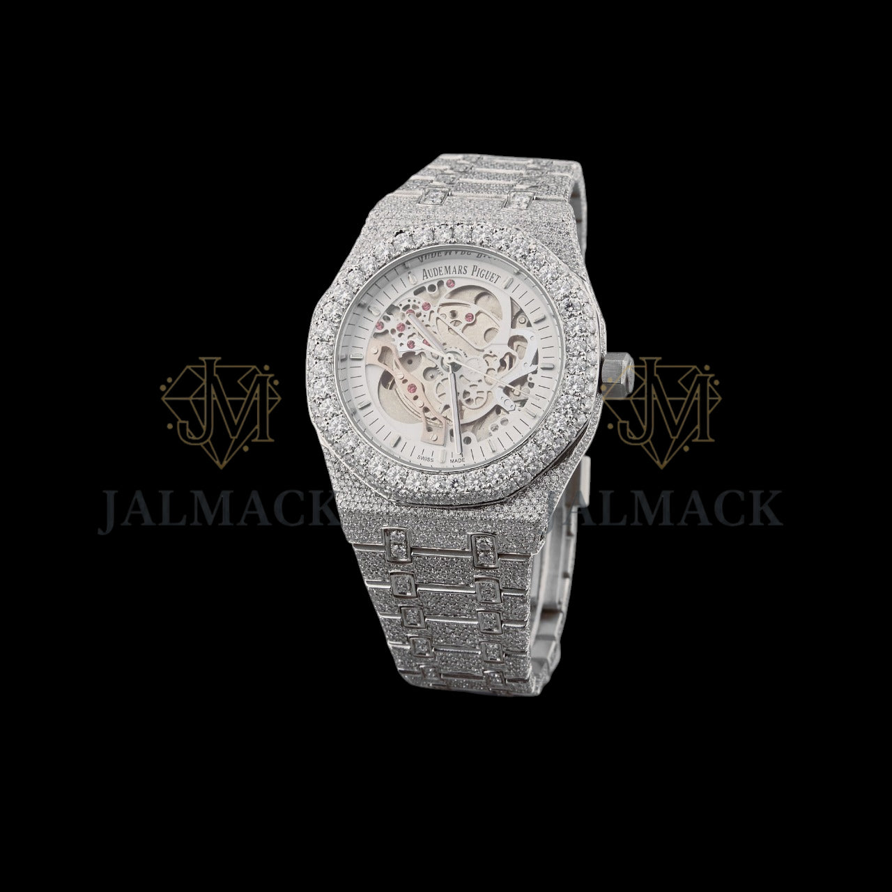 Silver Skeleton Dial Baton Marker Round-Cut Moissanite Watch