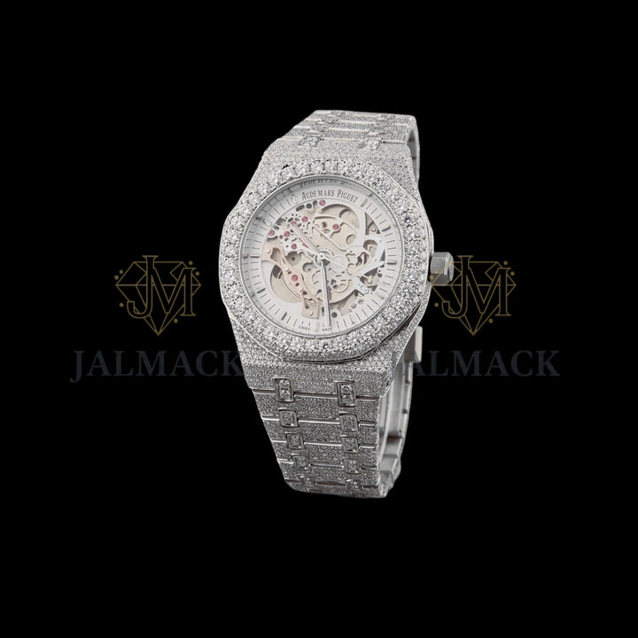 Silver Skeleton Dial Baton Marker Round-Cut Moissanite Watch