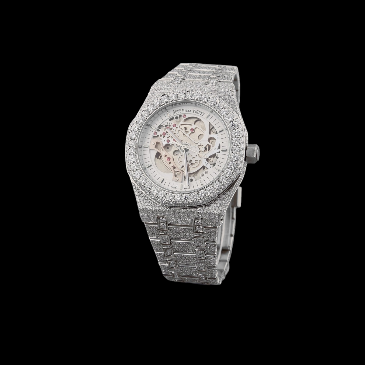 Silver Skeleton Dial Baton Marker Round-Cut Moissanite Watch
