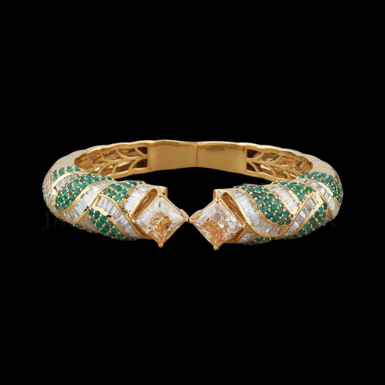 Yellow Gold Green Stone Baguette Moissanite Open Bangle Fully Iced Out