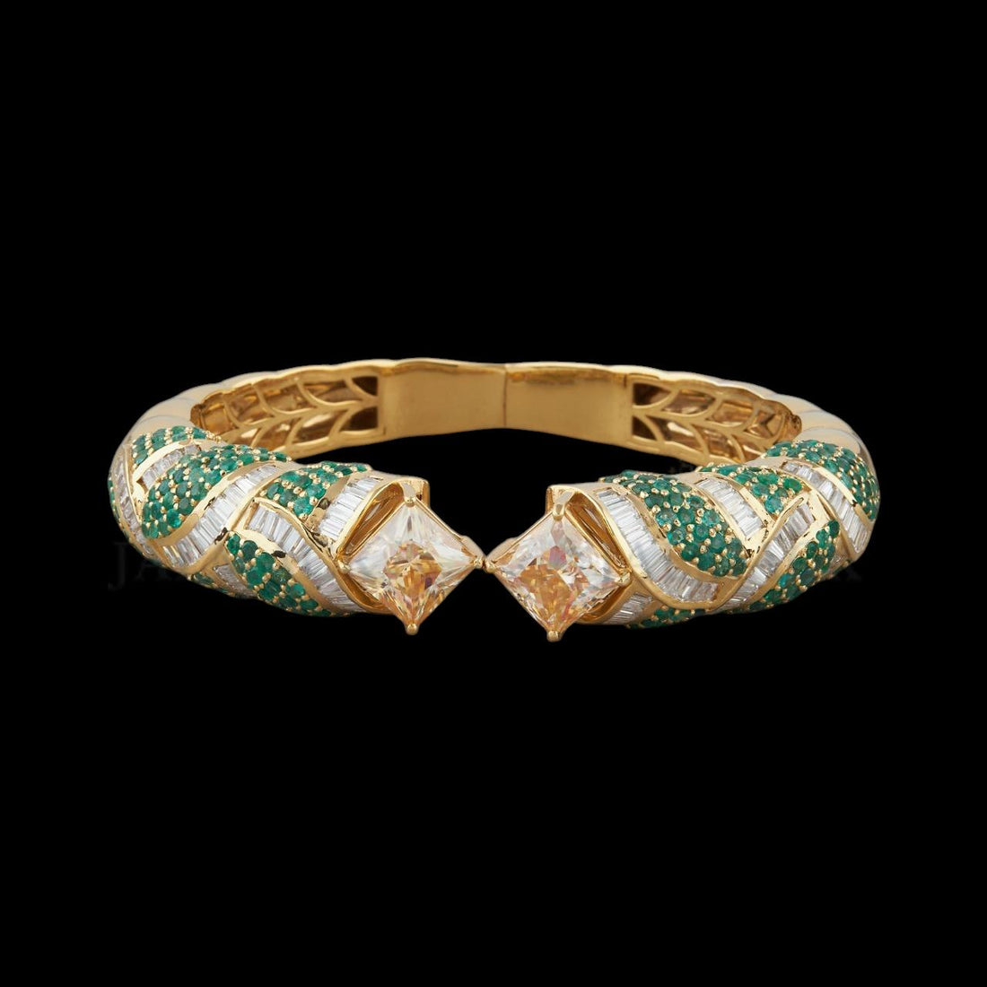 Yellow Gold Green Stone Baguette Moissanite Open Bangle Fully Iced Out