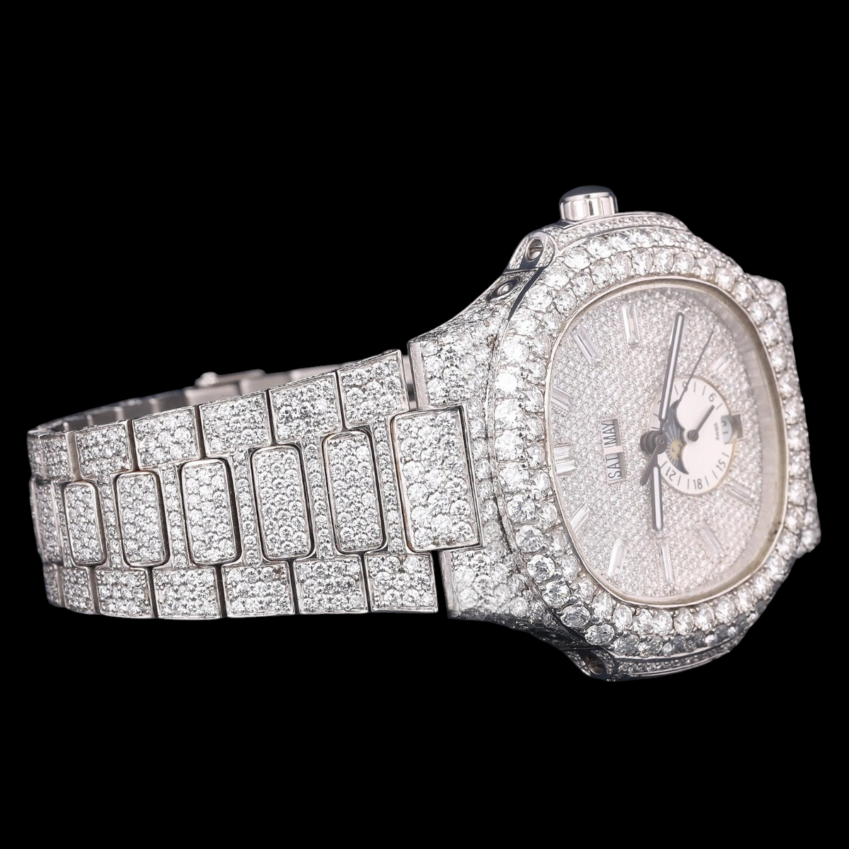 Luxury Silver Baguette Moissanite Moonphase Automatic Watch