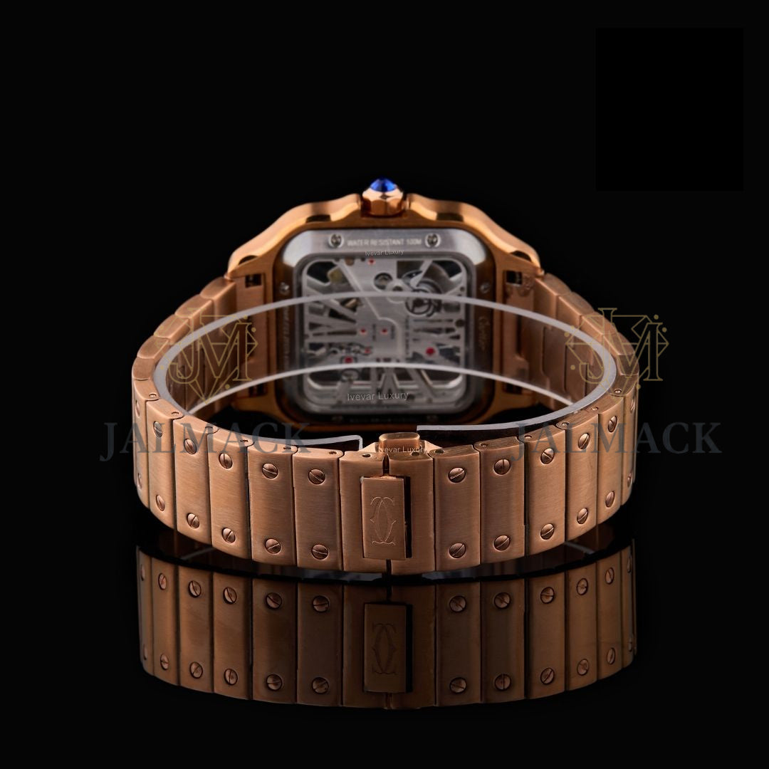 Rose Gold Skeleton Roman Round-Cut Moissanite Automatic Watch