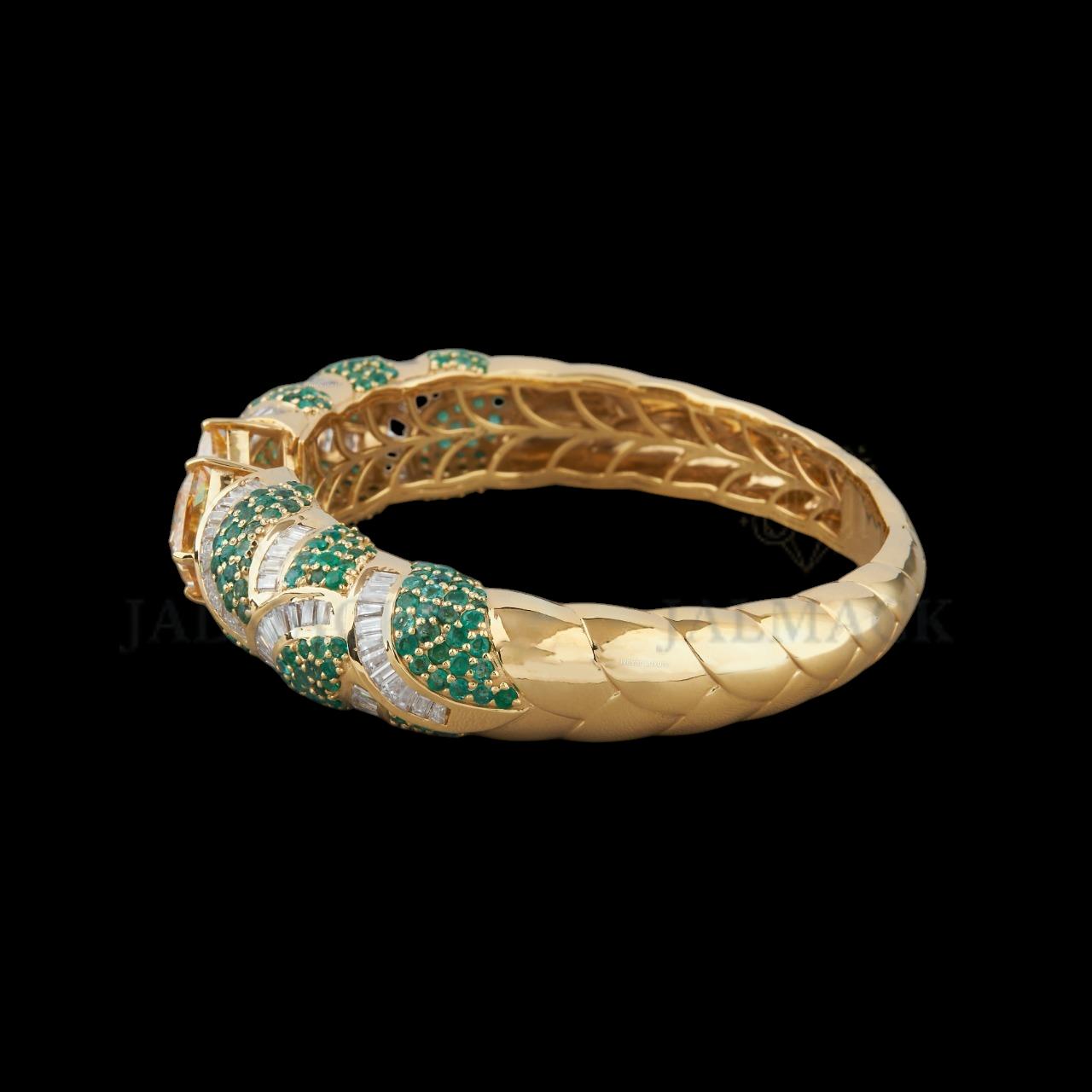 Yellow Gold Green Stone Baguette Moissanite Open Bangle Fully Iced Out