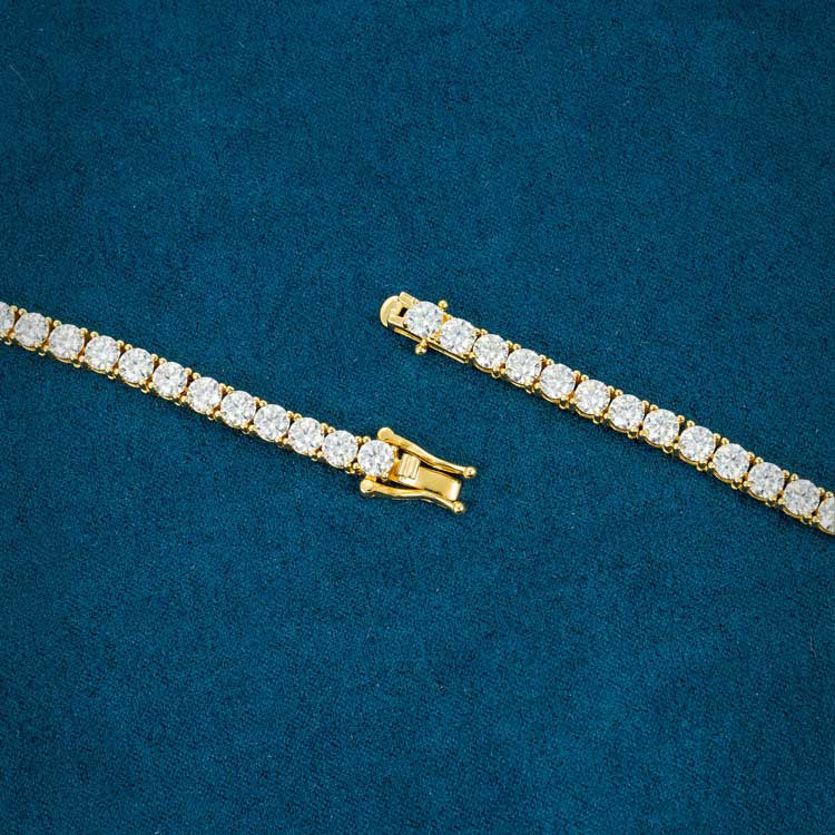 4MM Round Cut VVS Moissanite Tennis Chain Yellow Gold Plated 925 Sterling Silver