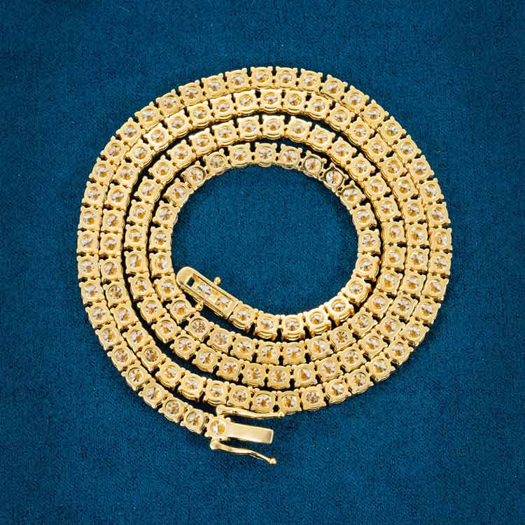 4MM Round Cut VVS Moissanite Tennis Chain Yellow Gold Plated 925 Sterling Silver