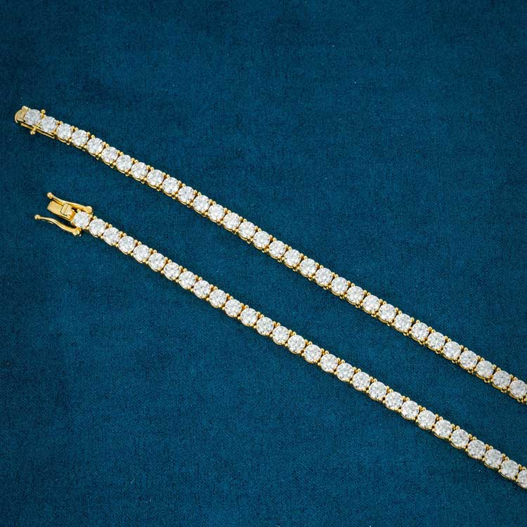 4MM Round Cut VVS Moissanite Tennis Chain Yellow Gold Plated 925 Sterling Silver