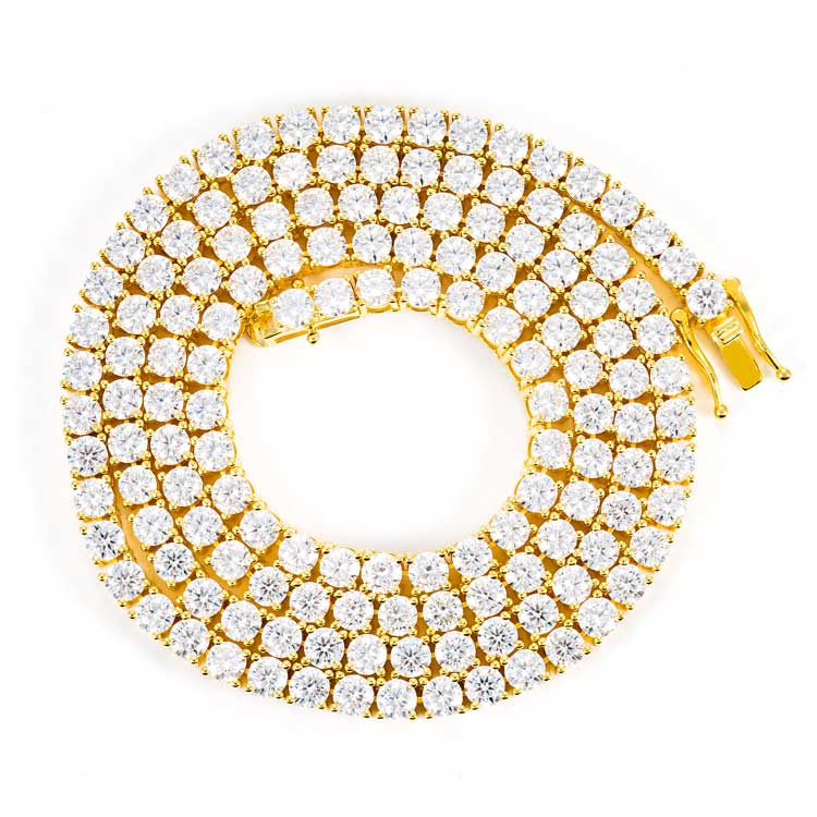 4MM Round Cut VVS Moissanite Tennis Chain Yellow Gold Plated 925 Sterling Silver