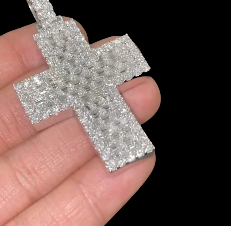 Baguette & Round Diamond Cross Iced Out 925 Sterling Silver Pendant, Hip Hop Diamond Pendant Jewelry Gift for Her