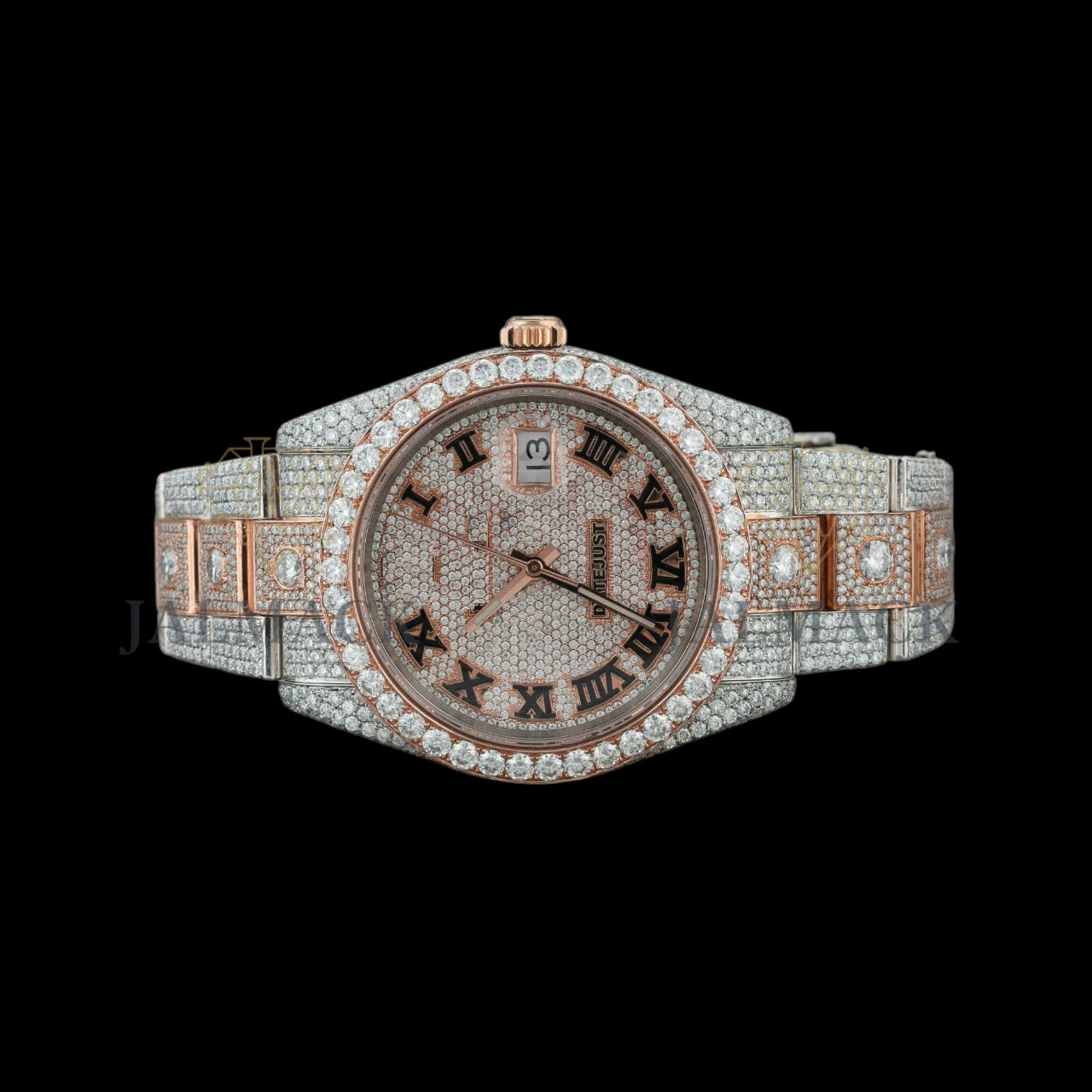 Rose Gold Dial Black Roman Round-Cut Moissanite Watch