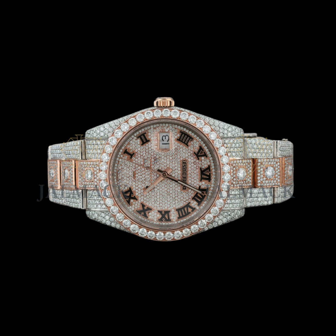 Rose Gold Dial Black Roman Round-Cut Moissanite Watch