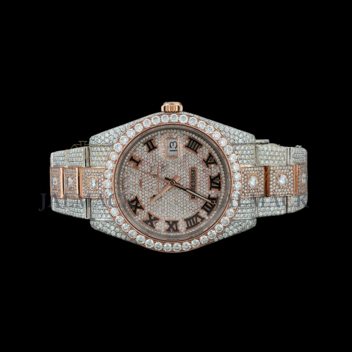 Rose Gold Dial Black Roman Round-Cut Moissanite Watch