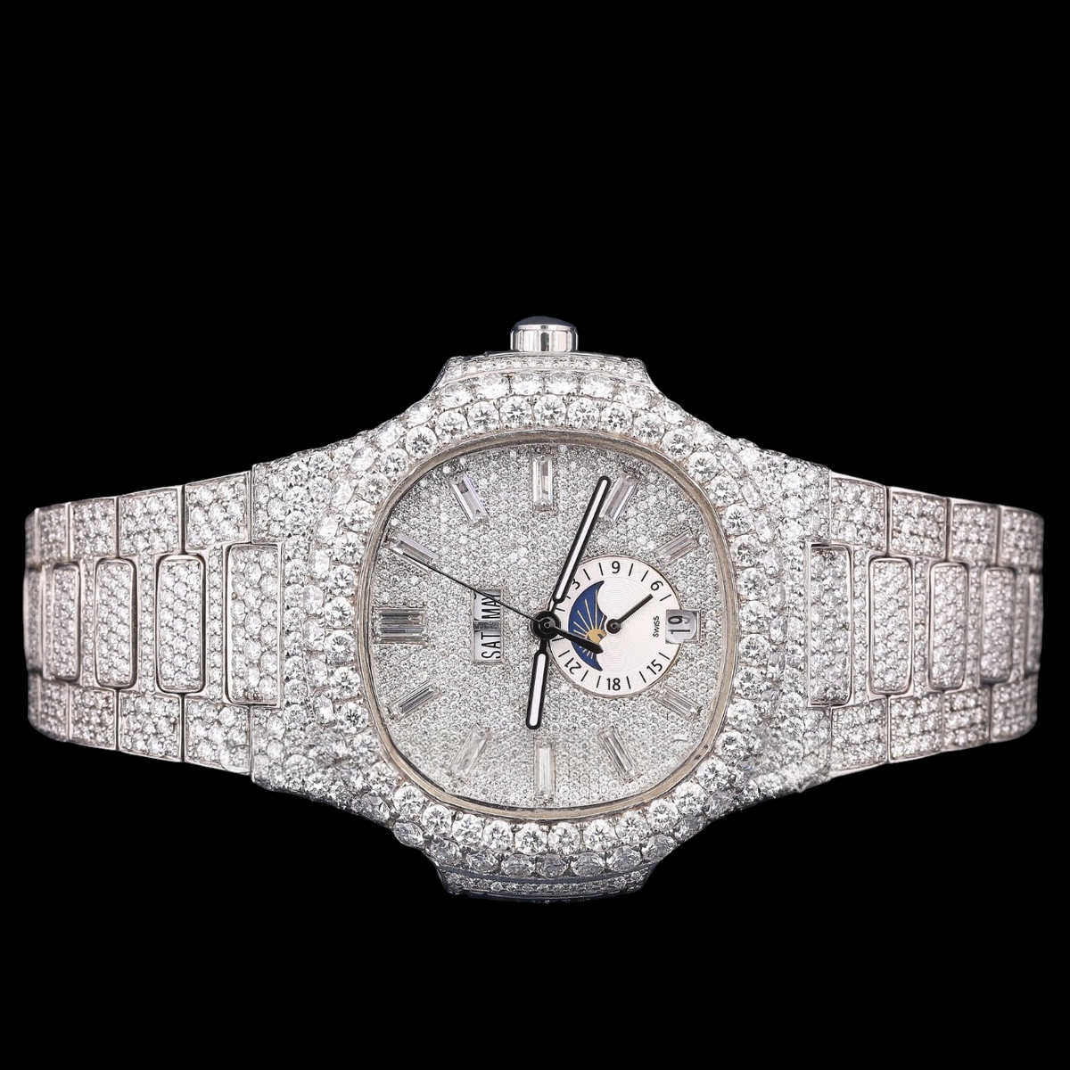 Luxury Silver Baguette Moissanite Moonphase Automatic Watch