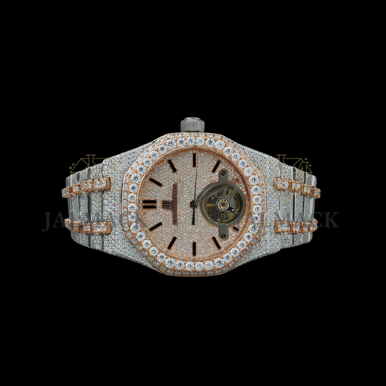 Rose Gold Dial Baton Marker Round-Cut Open-Heart Moissanite Watch