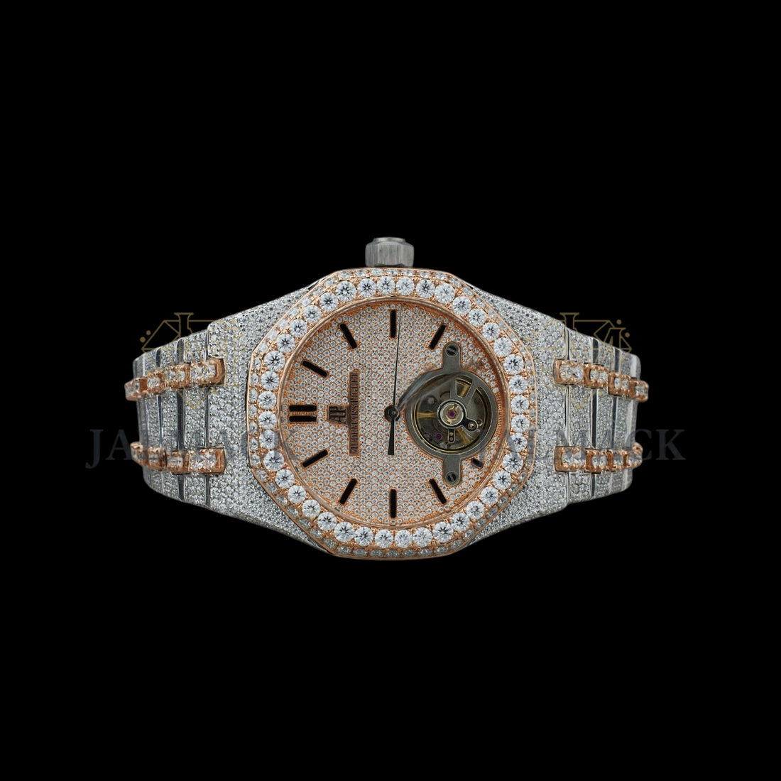 Rose Gold Dial Baton Marker Round-Cut Open-Heart Moissanite Watch