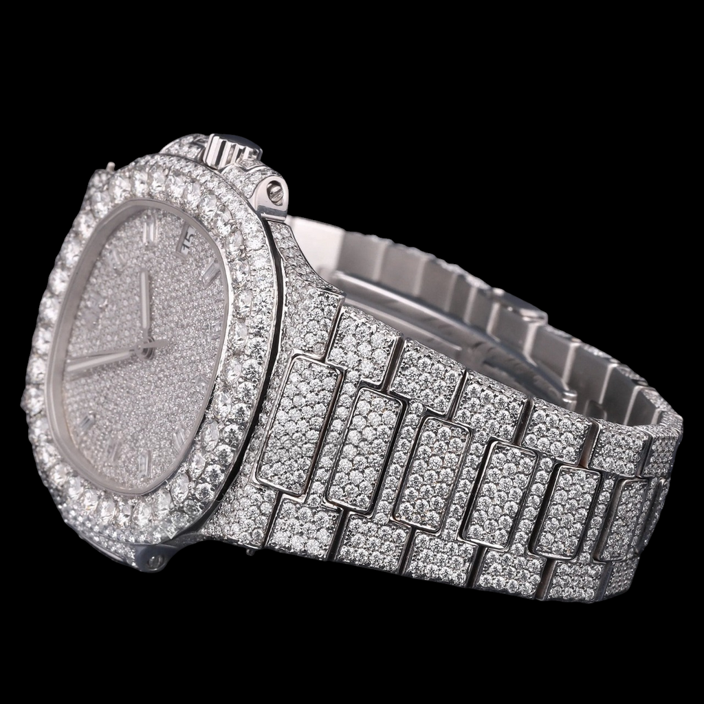 Luxury Silver Baguette Moissanite Automatic Date Watch