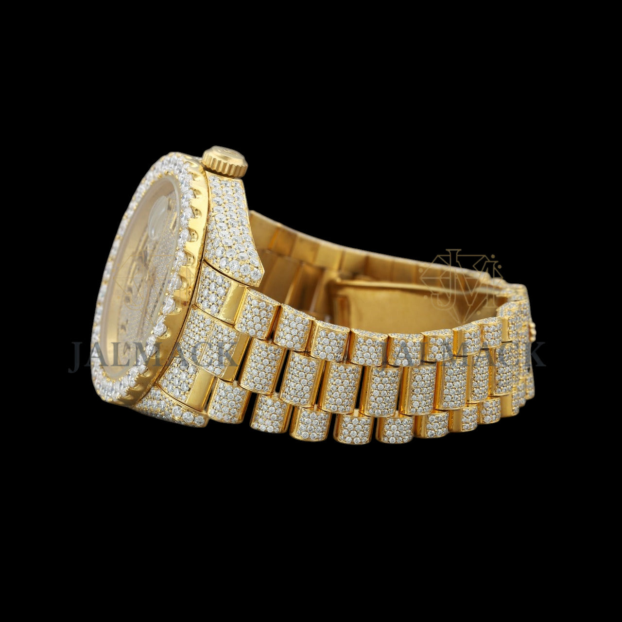 Gold Arabic Dial Round-Cut Moissanite Day-Date Watch
