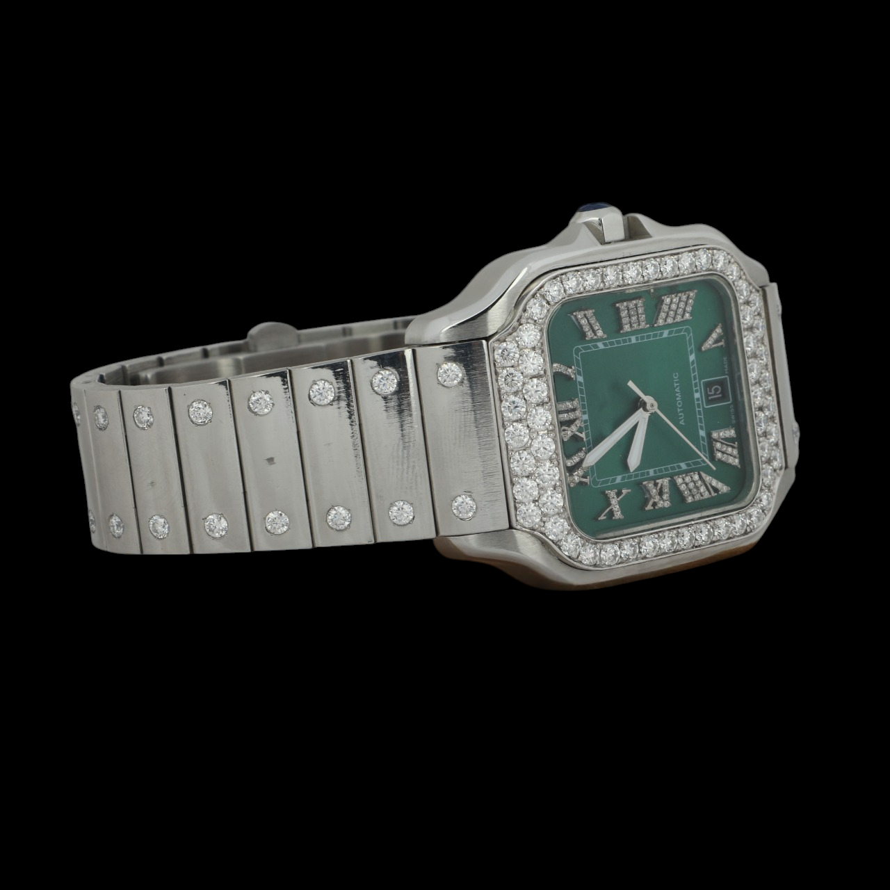 Green Dial Roman Letter Round-Cut Moissanite Watch