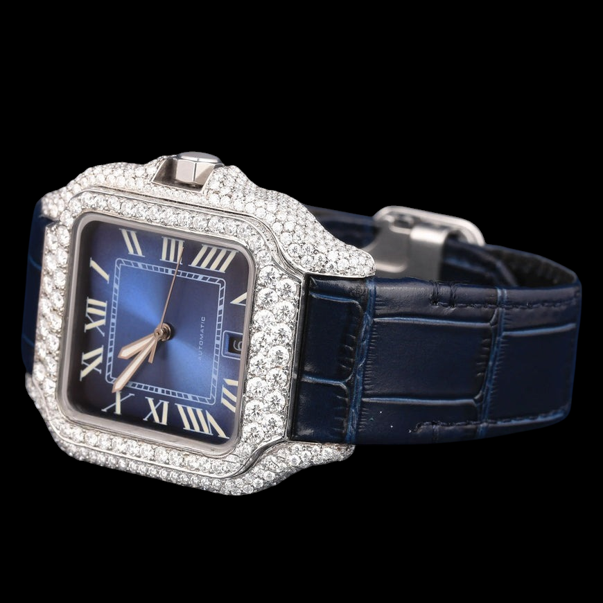 Blue Dial VVS1 D Color Moissanite Diamond Square Automatic Watch