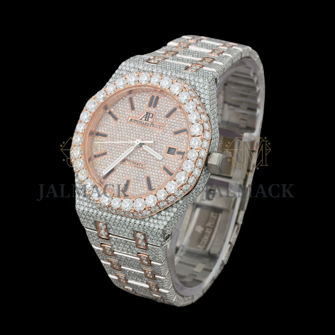 Rose Gold Dial Baton Letter Round-Cut Moissanite Watch