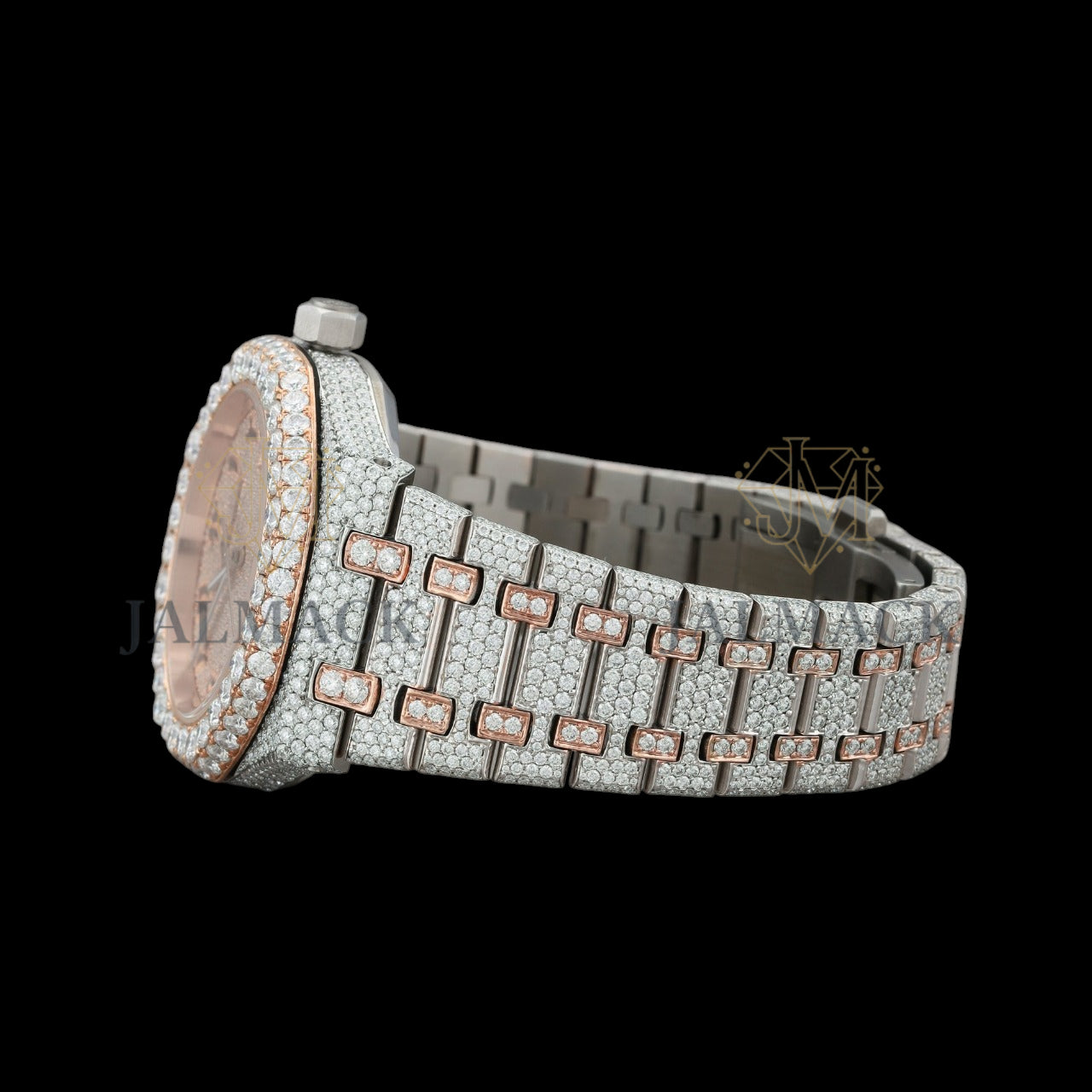 Rose Gold Dial Arabic Letter Round-Cut Moissanite Watch