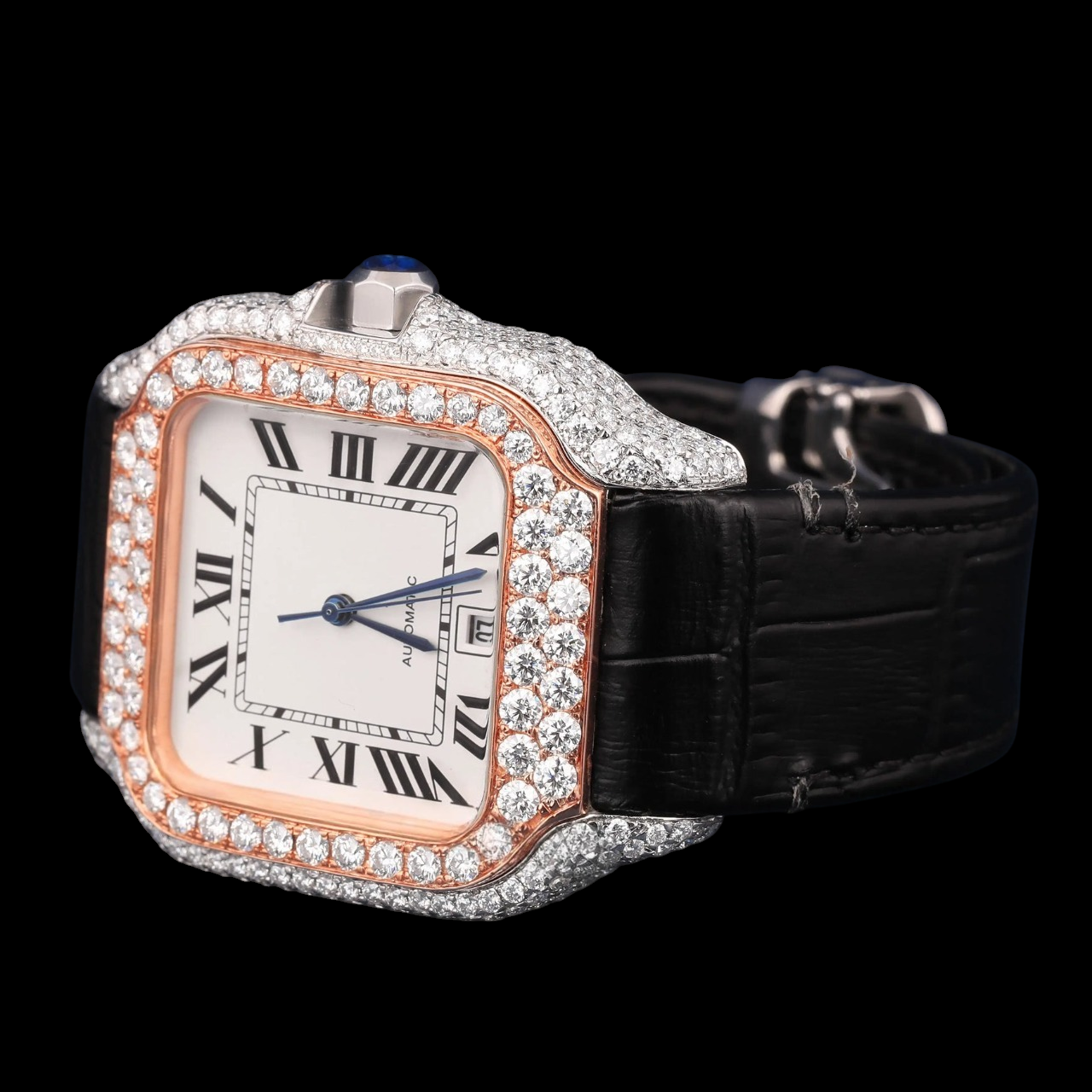 White Dial Roman Rose Gold Moissanite Diamond Watch
