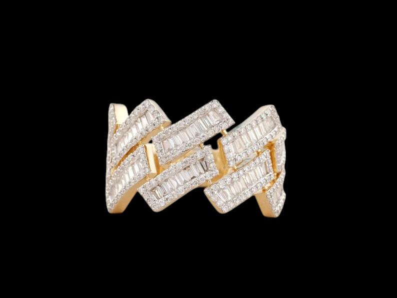10K Solid White Gold Plated Moissanite Diamond Hip hop Ring - Gold Pave Setting Diamond Link Ring for men's Hip hop fashion