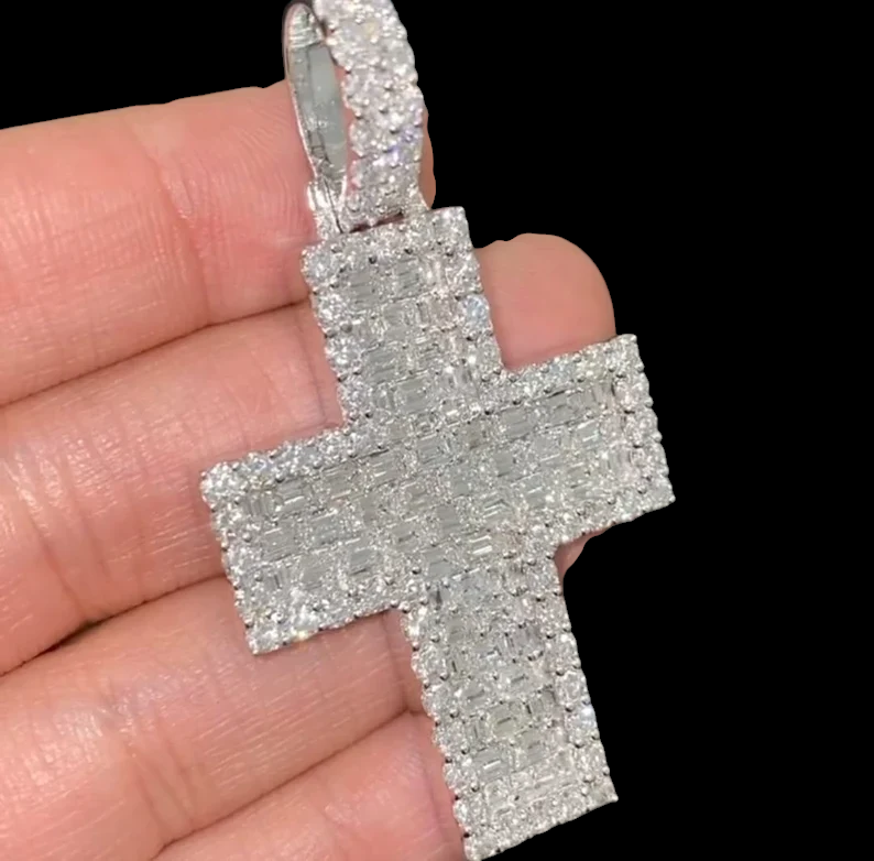 Baguette & Round Diamond Cross Iced Out 925 Sterling Silver Pendant, Hip Hop Diamond Pendant Jewelry Gift for Her