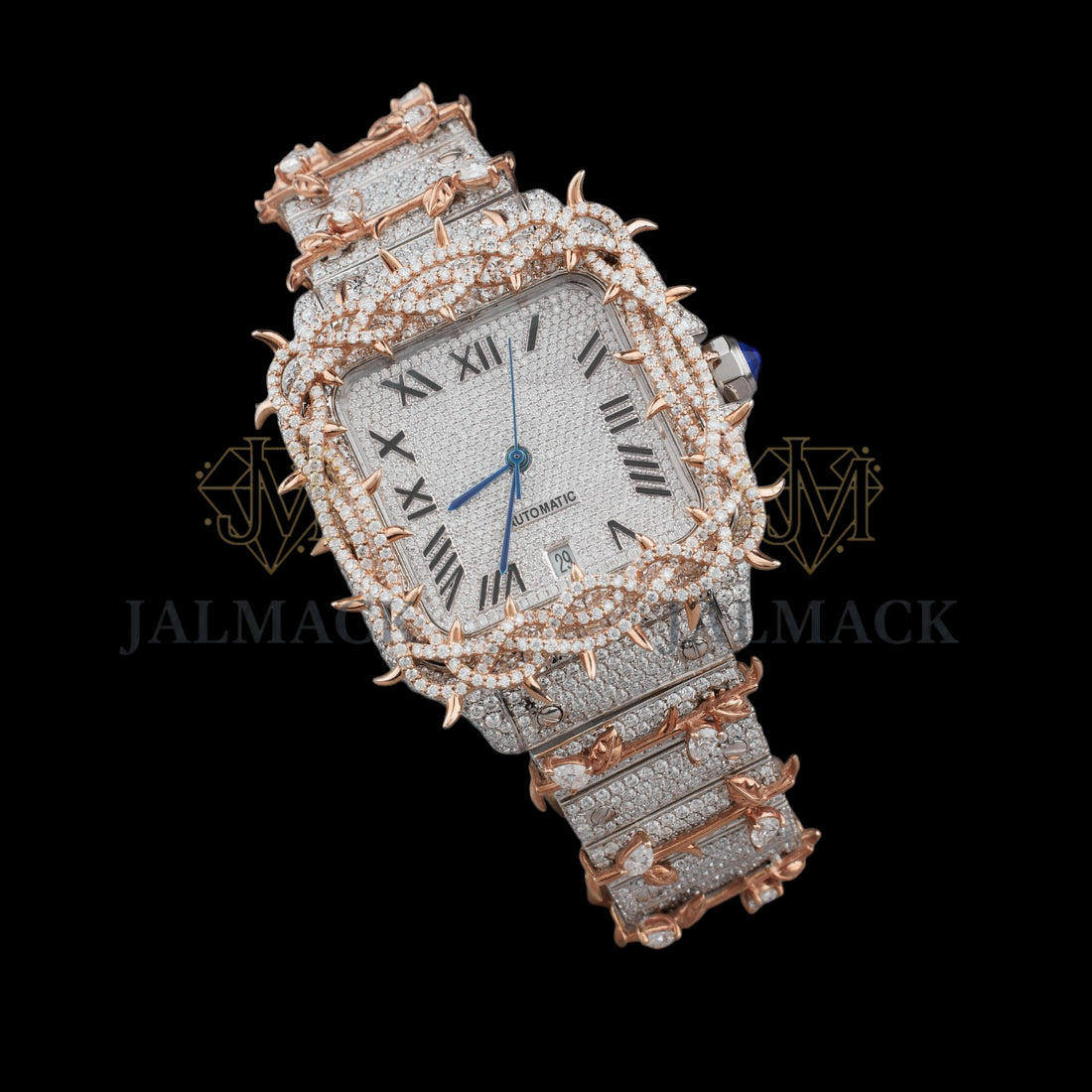 Silver Roman Dial Round-Cut Thorn Design Moissanite Watch
