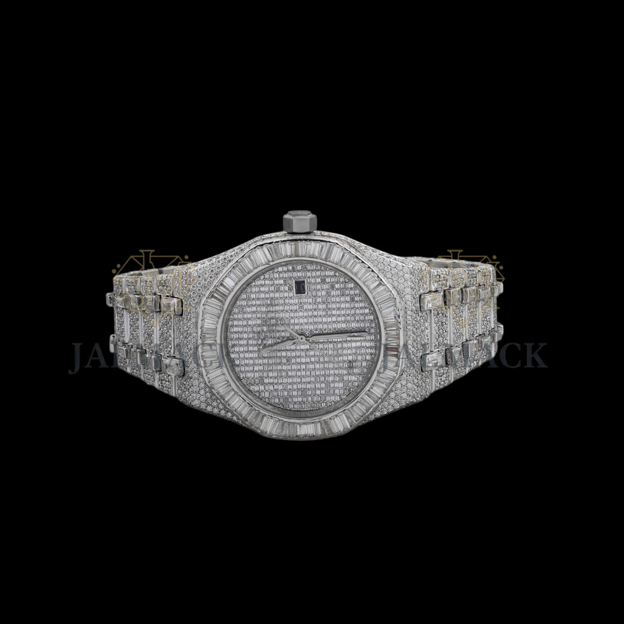 Silver Markerless Dial Baguette & Round Moissanite Automatic Watch