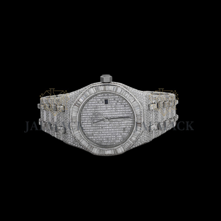Silver Markerless Dial Baguette & Round Moissanite Automatic Watch