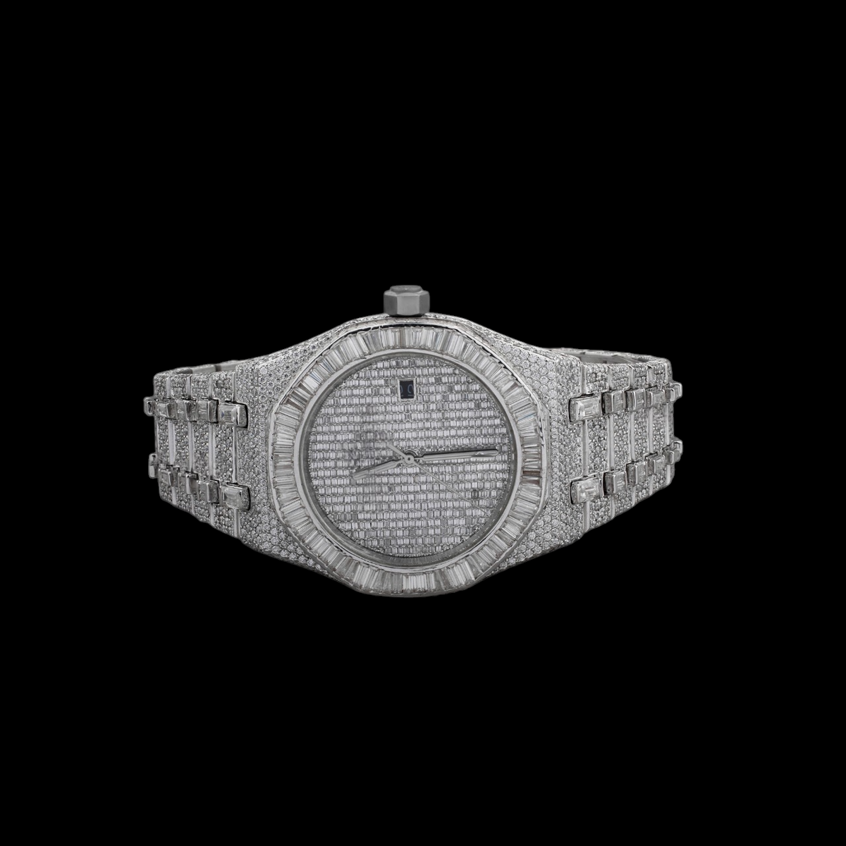 Silver Markerless Dial Baguette & Round Moissanite Automatic Watch