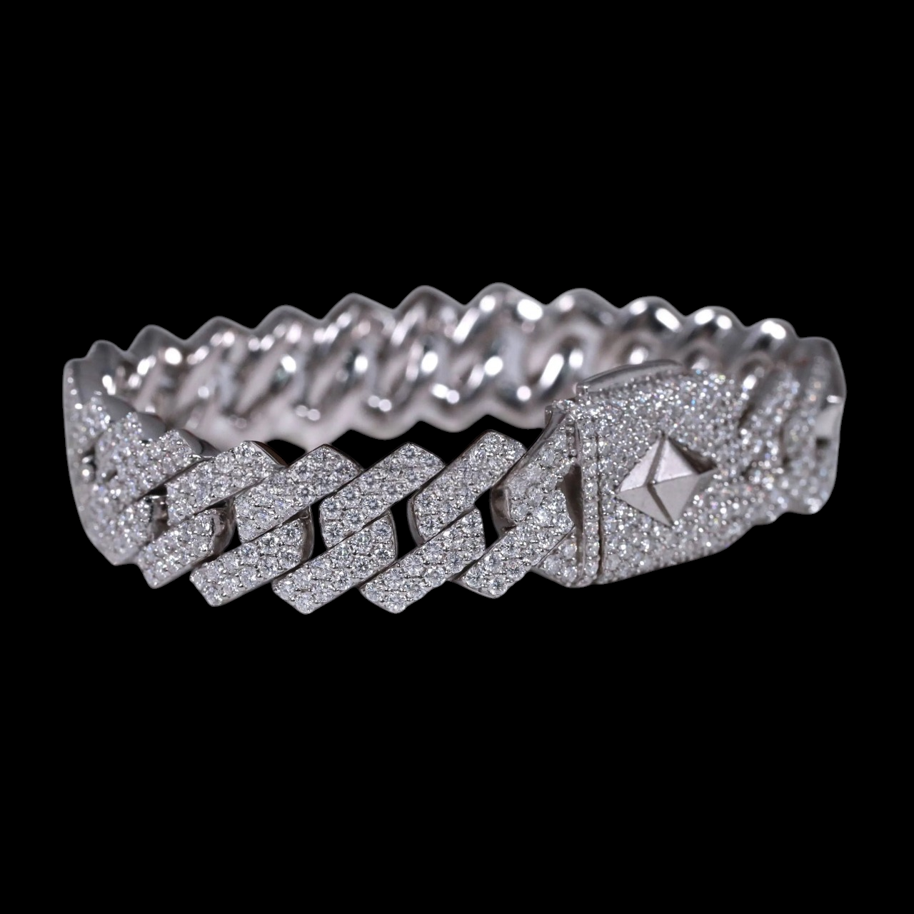 Silver Pyramid Clasp Moissanite Cuban Bracelet VVS1 Fully Iced Out