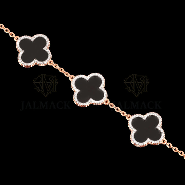 Black Onyx Clover Moissanite Bracelet Rose Gold 925 Silver