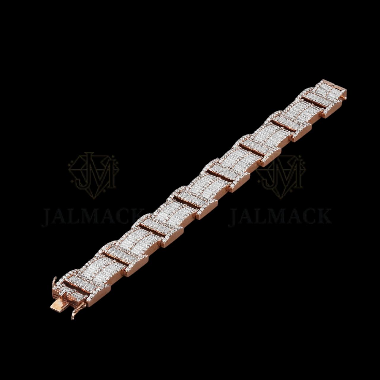 Rose Gold Baguette Moissanite Bracelet Fully Iced Out Luxury Link Design