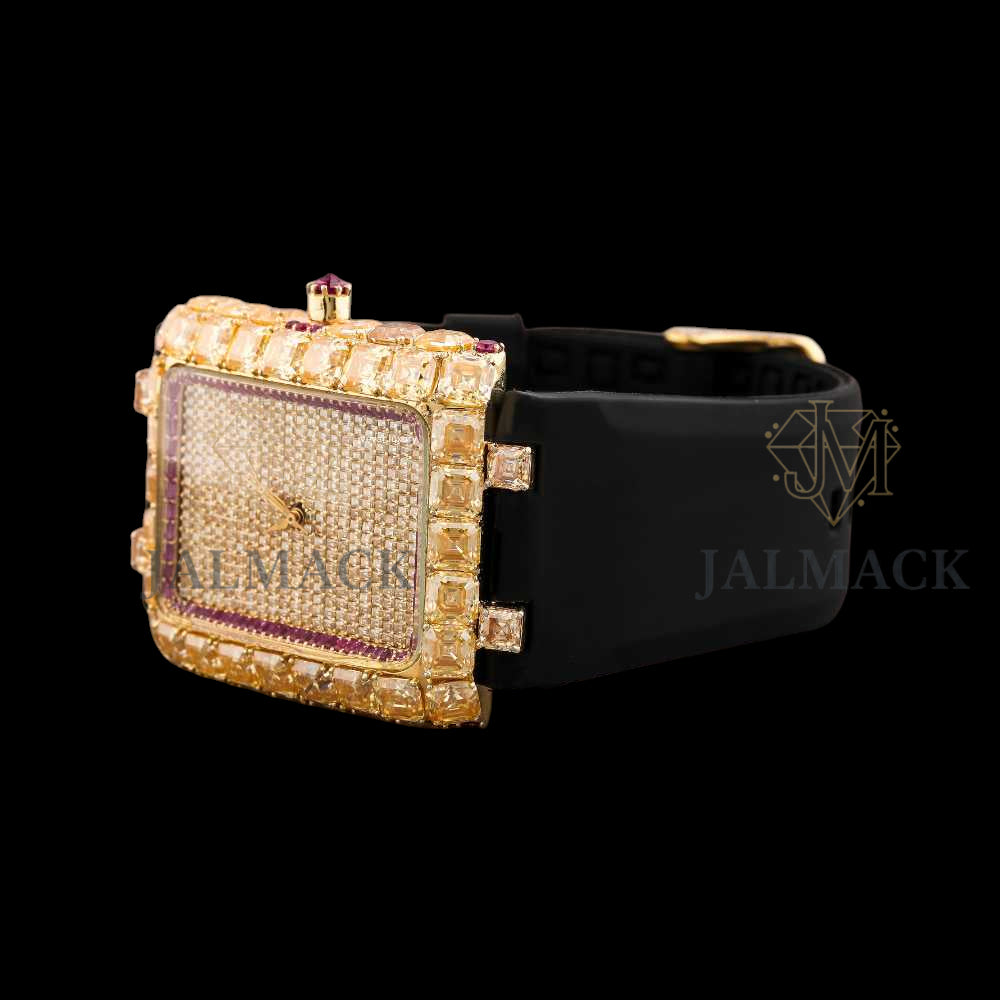 Gold Square Moissanite Watch with Ruby Accent Bezel