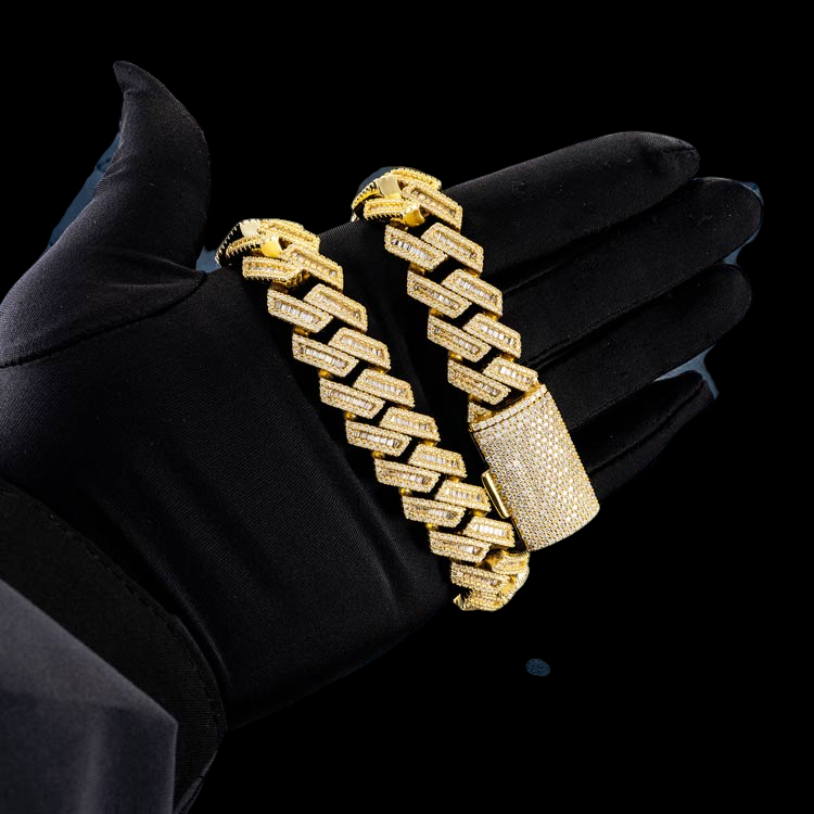 15MM Yellow Gold Baguette Pave Cuban Link VVS1 Moissanite Chain 925 Sterling Silver