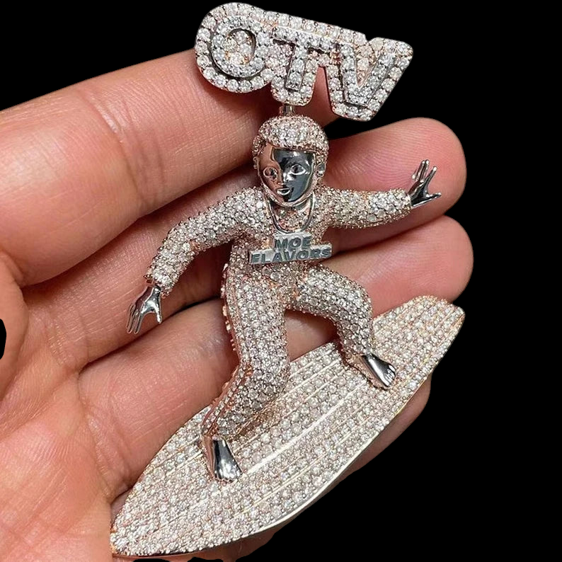 925 Sterling Silver Custom Cartoon Surfer Character VVS Moissanite Pendant Hip Hop Jewelry