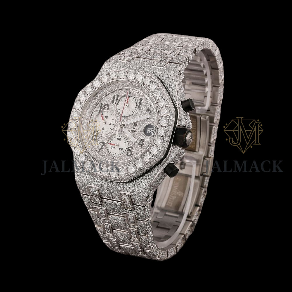 Silver Dial Arabic Numeral Round-Cut Moissanite Chronograph Watch