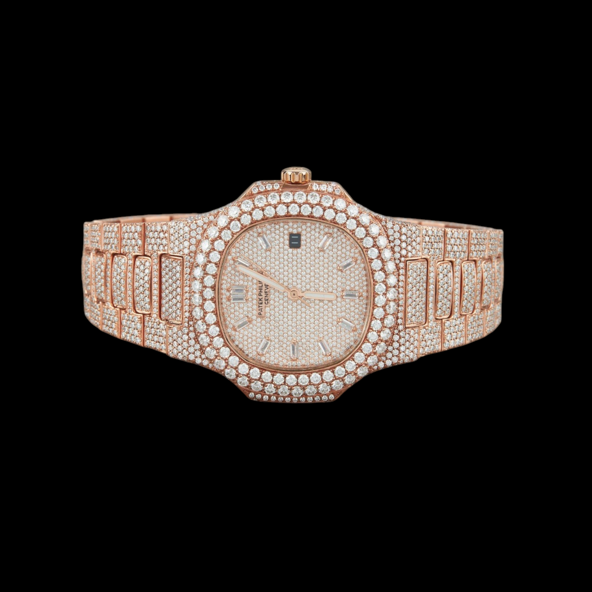 Rose Gold Dial Baguette Marker Round-Cut Moissanite Watch